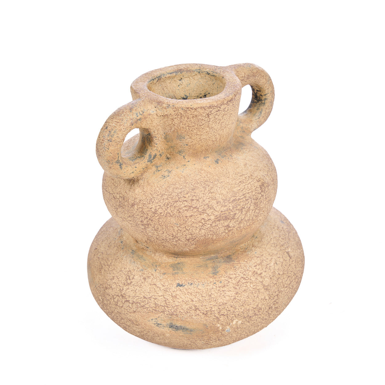 Ancient terracotta vase with two handles on a white background