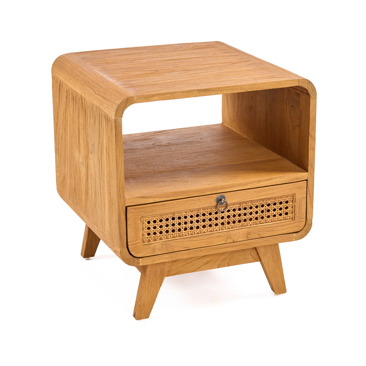 Teak wood bedside table with a drawer on a white background