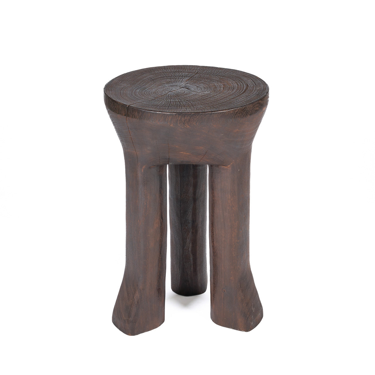Wooden side table with a round top on a white background
