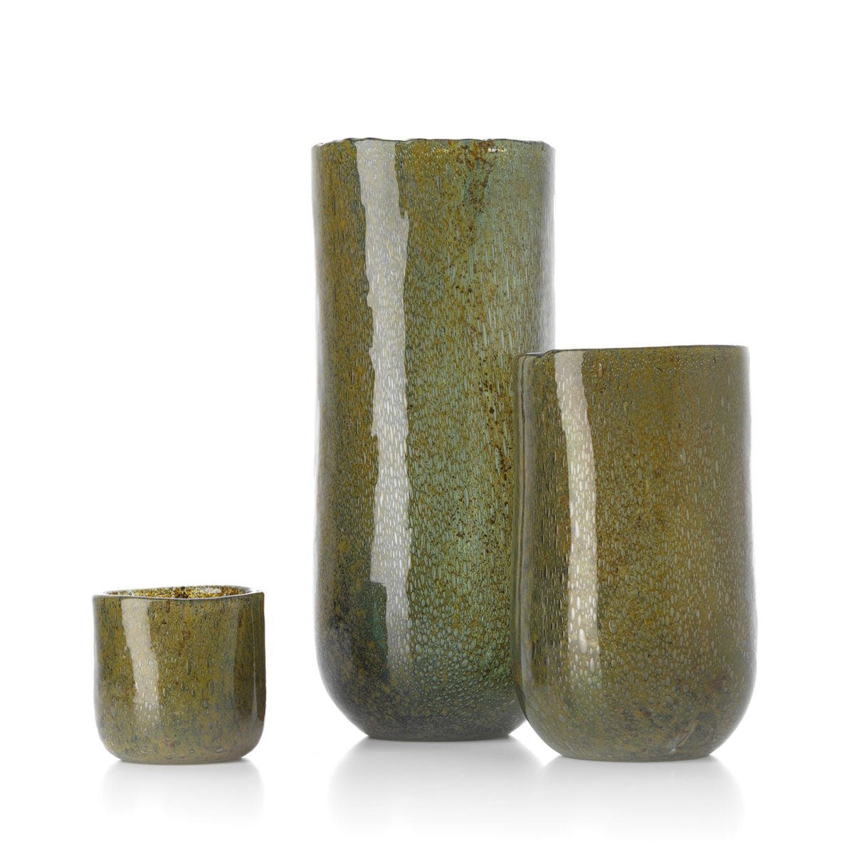 Three green vases of different sizes on a white background