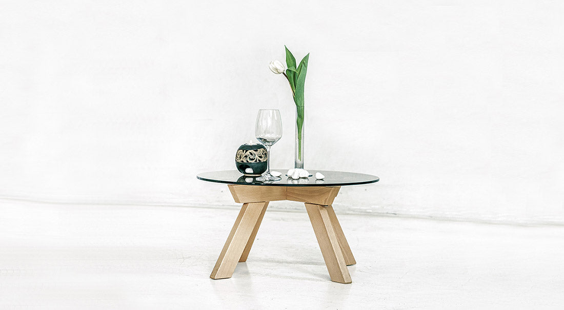 Allegro wooden coffee table with round tinted glass