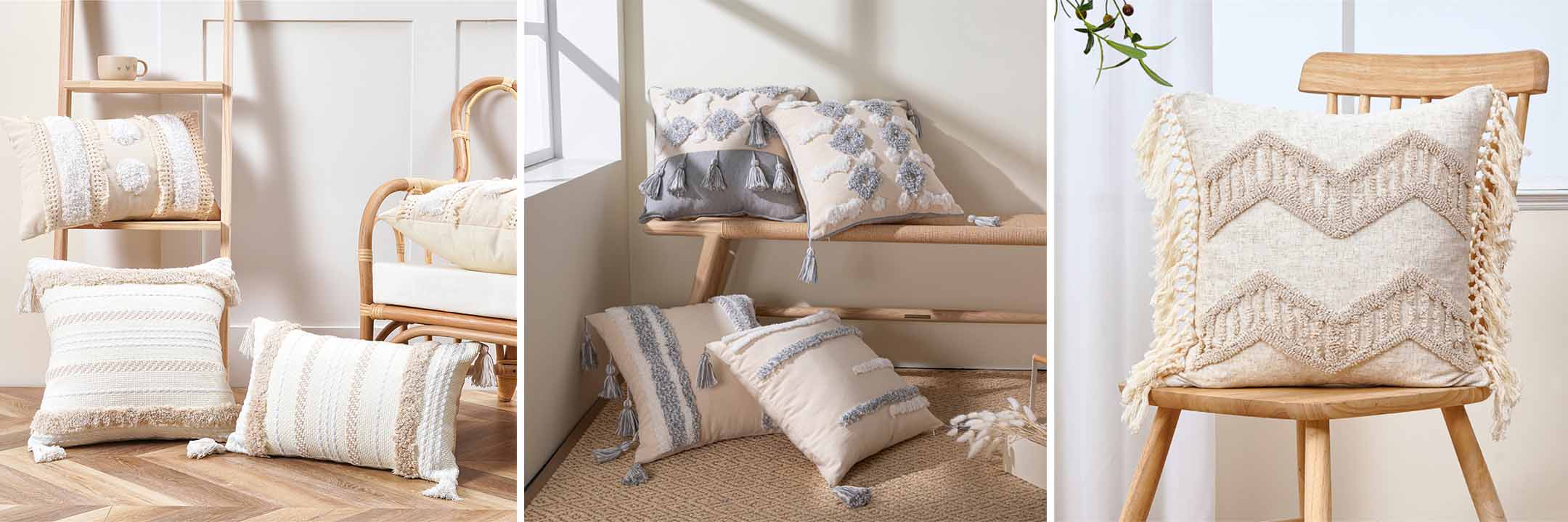 Linen and cotton cushions with handmade patterns in pastel colours