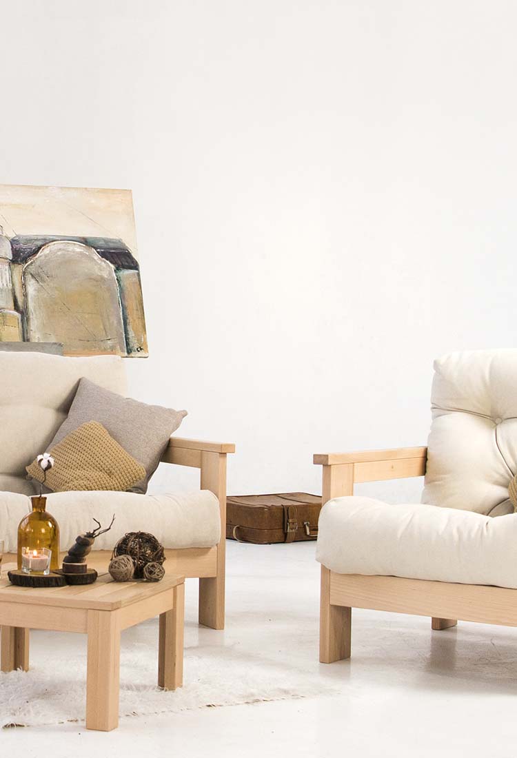 Folding wooden sofa bed and chair in nice beige colour