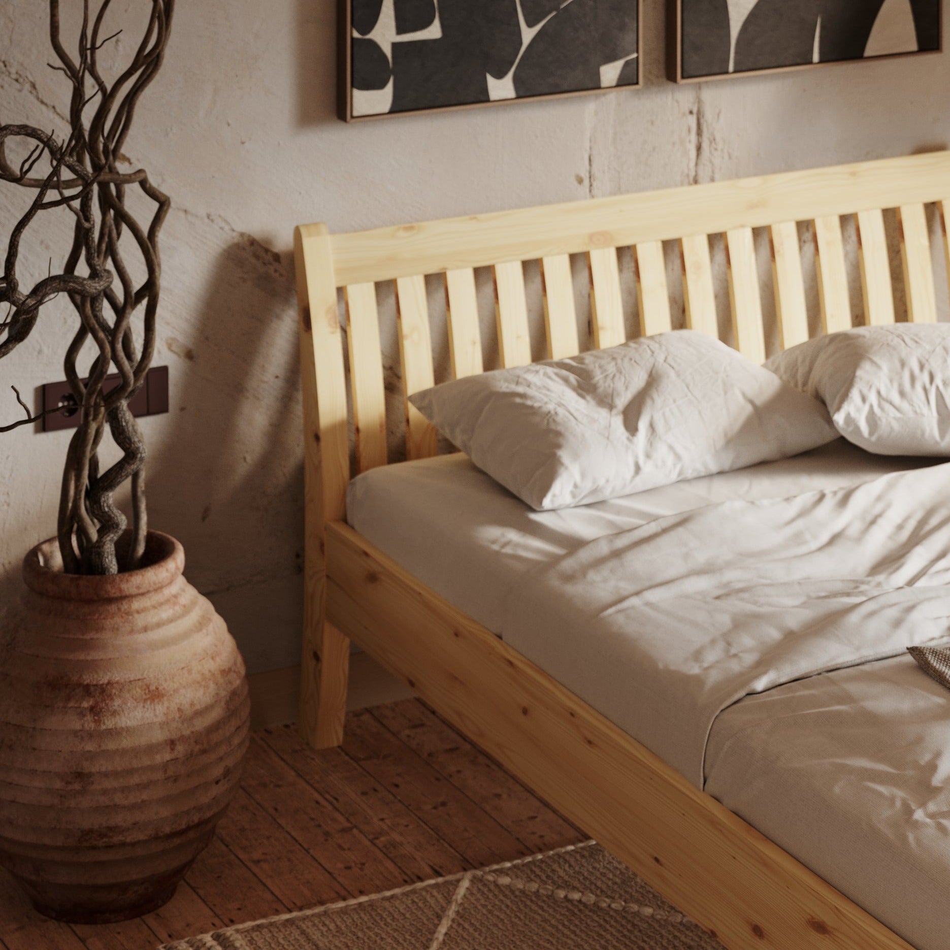 TONJA Double Bed Lacquered Pine Interior