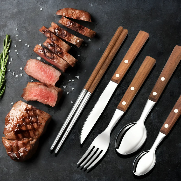 Vaisselle rétro en bois et acier inoxydable