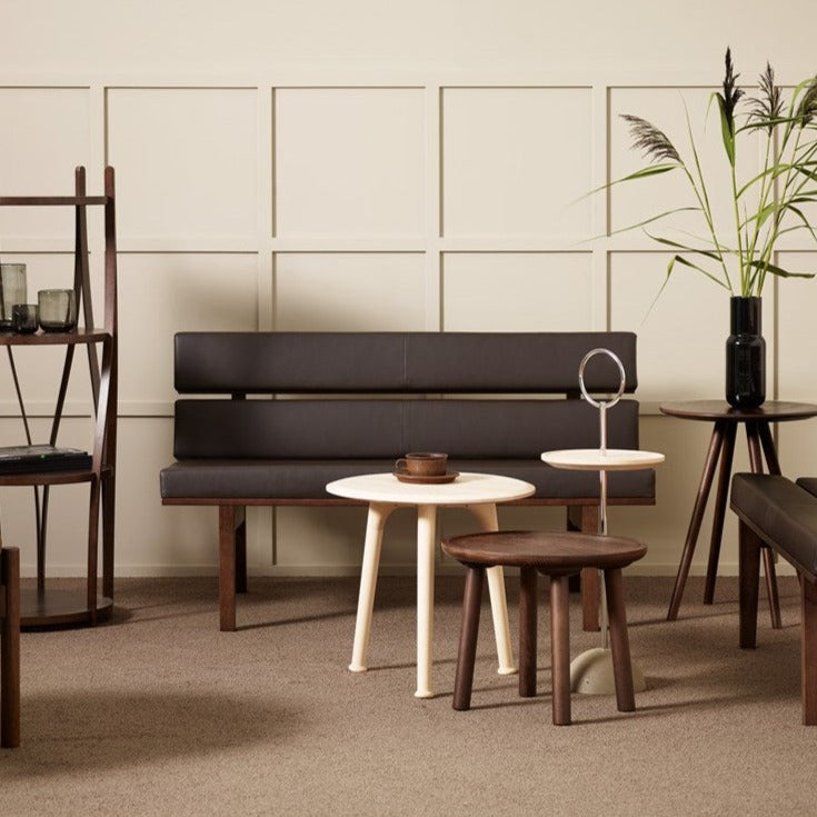 black upholstery, brown frame interior view