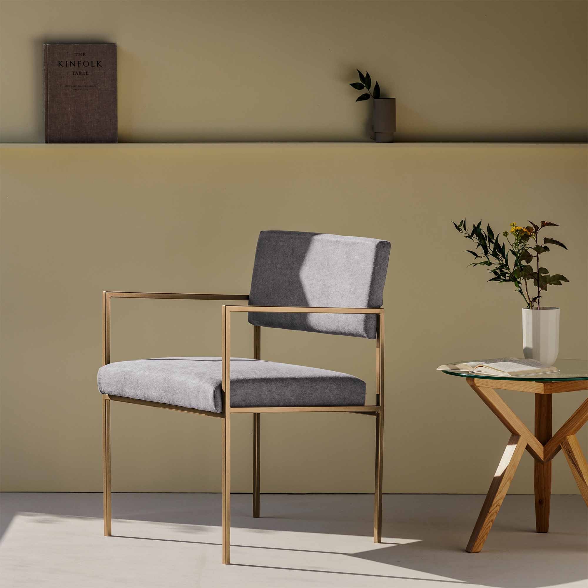 CUBE Armchair, Powder-Coated Steel Frame grey fabric, yellow frame, interior half-side view