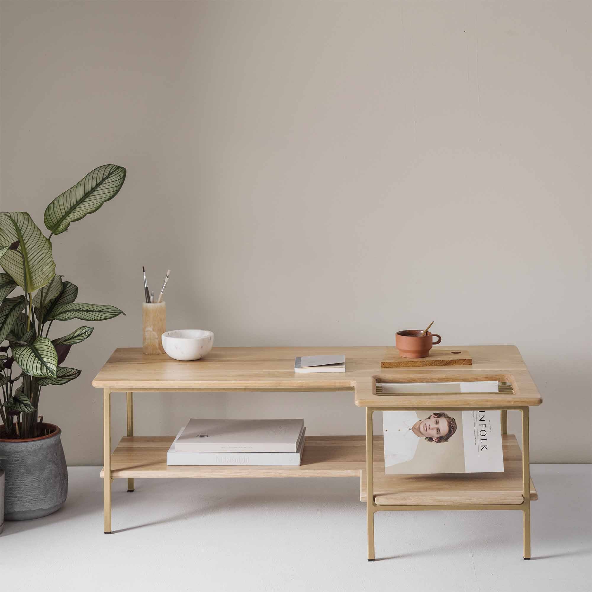 Living Room Table, Oak Wood, Natural Colour yellow frame, front view
