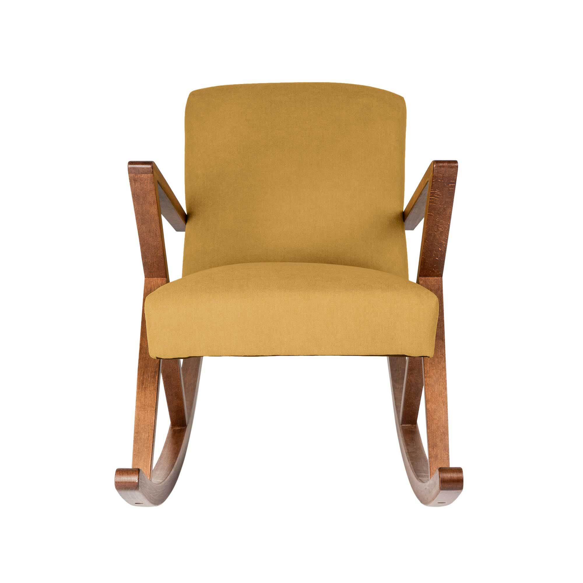 Rocking Chair, Beech Wood Frame, Walnut Colour yellow fabric, front view