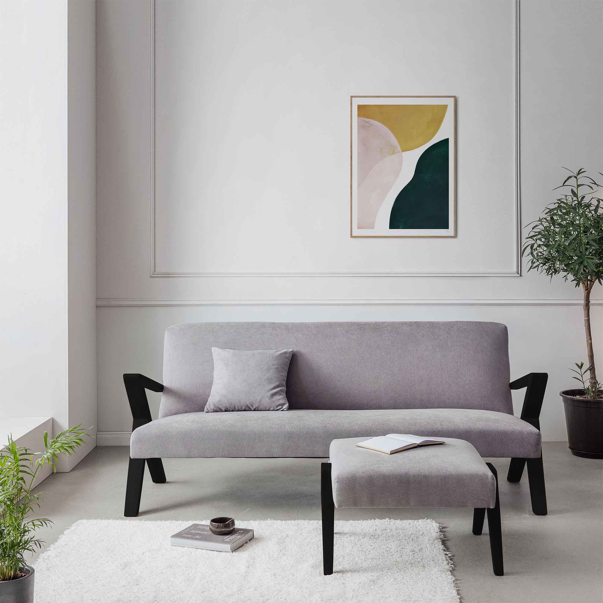 4-seater Sofa Beech Wood Frame, Black Lacquered grey fabric, front view