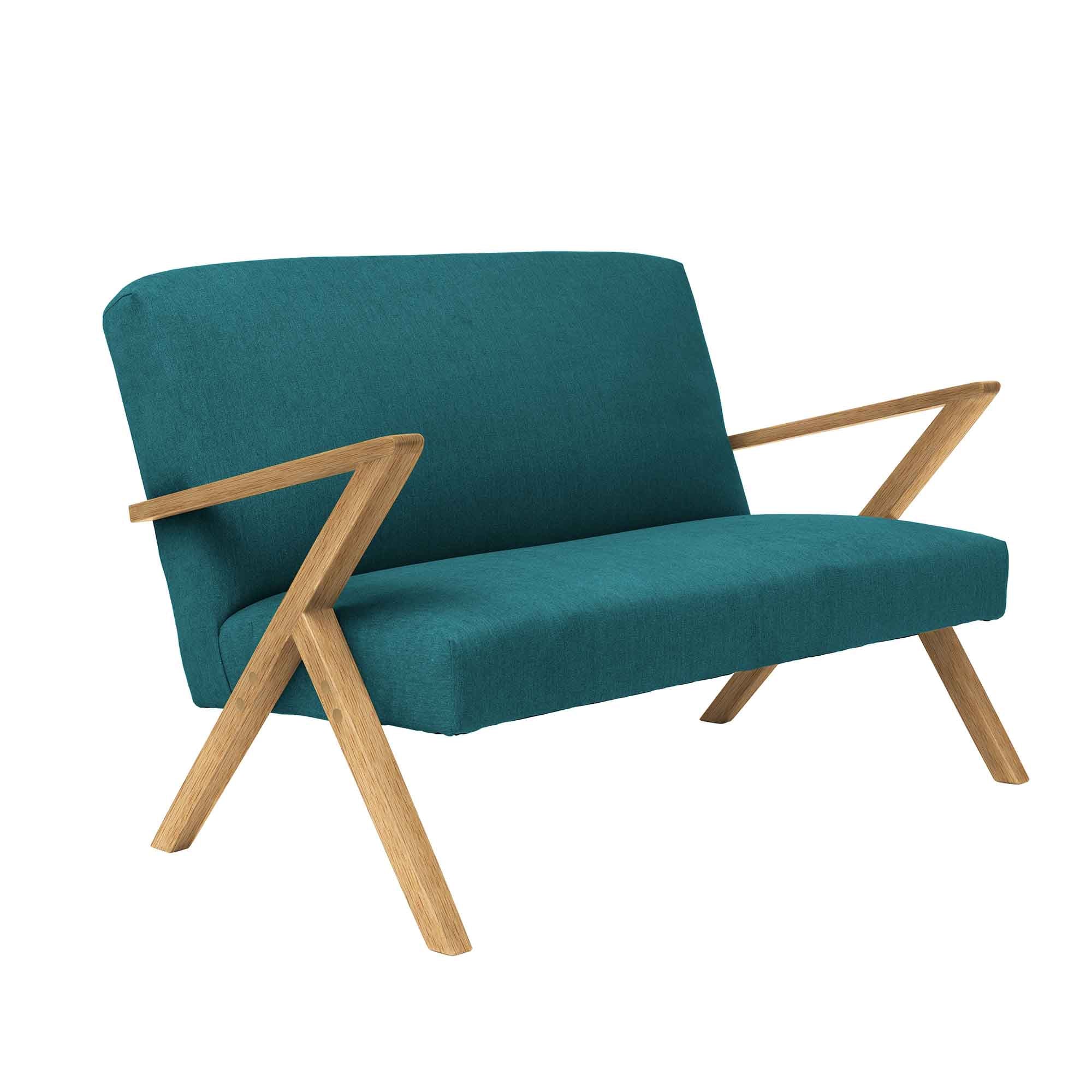 2-Seater Sofa, Oak Wood Frame, Natural Colour blue fabric, half-side view