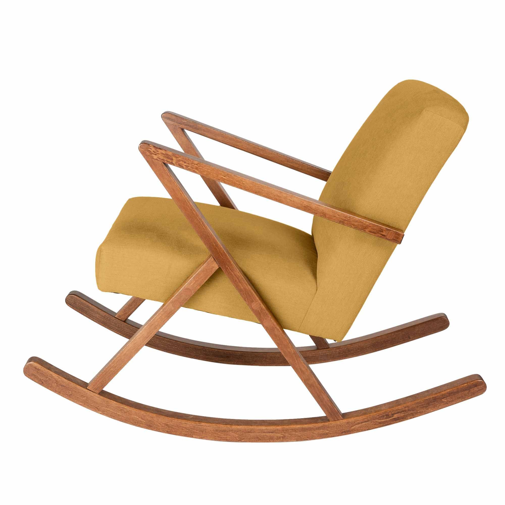 Rocking Chair, Beech Wood Frame, Walnut Colour yellow fabric, left side view