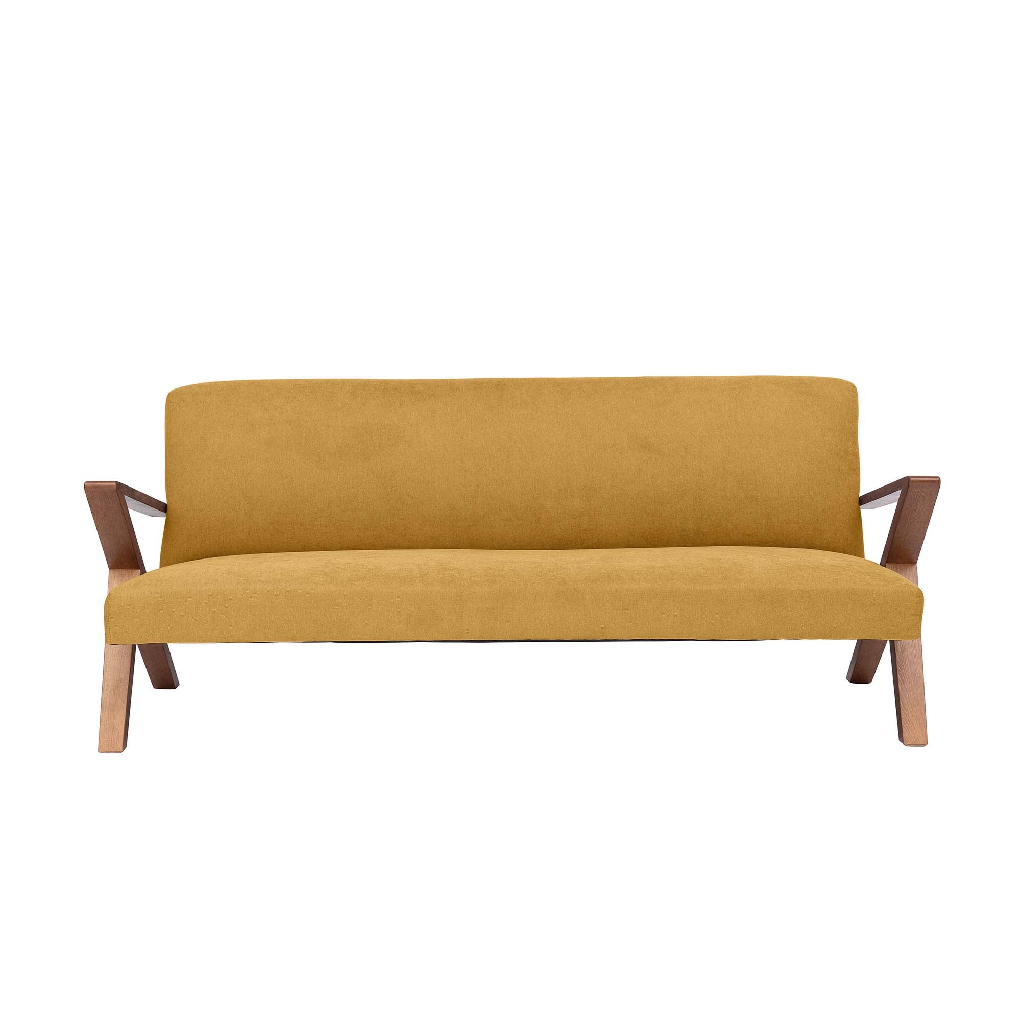 4-seater Sofa Beech Wood Frame, Walnut Colour yellow fabric, front view