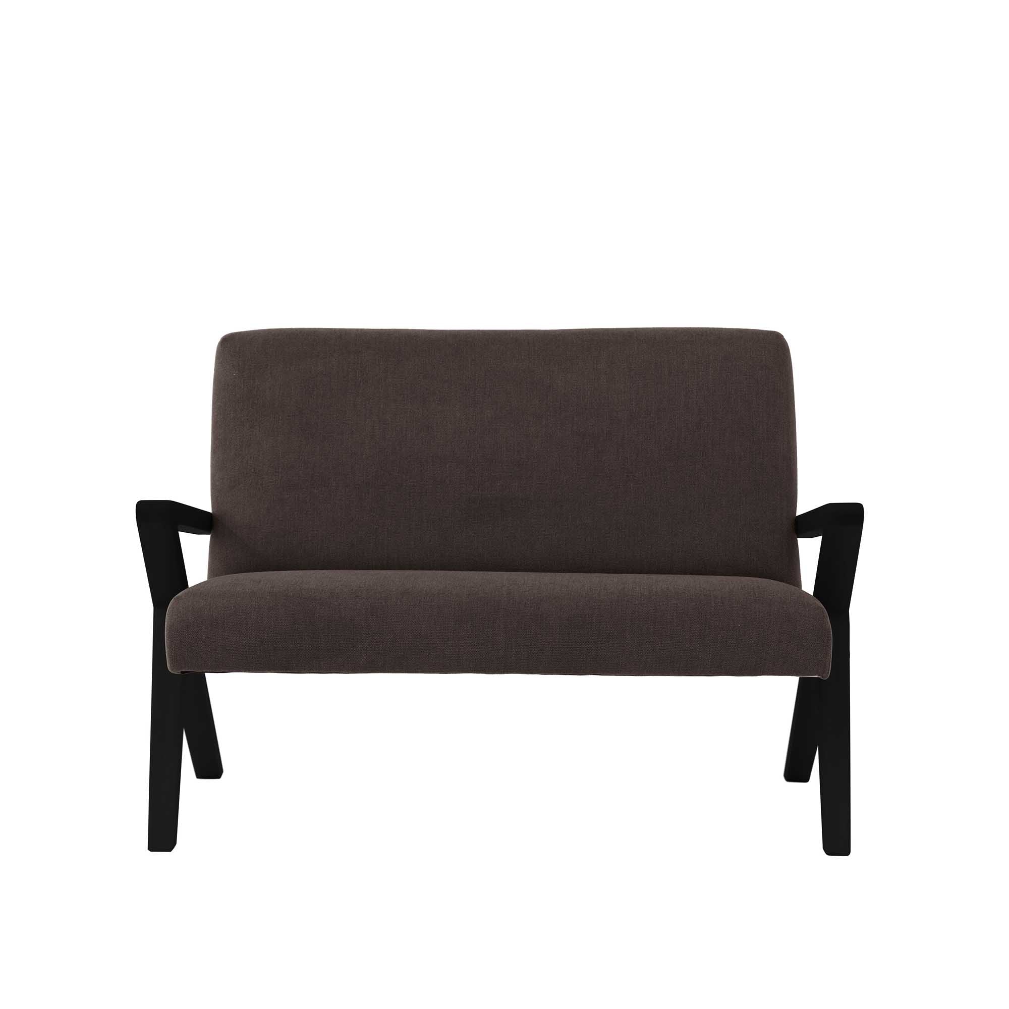 2-Seater Sofa, Beech Wood Frame, Black Lacquered, brown fabric, front view