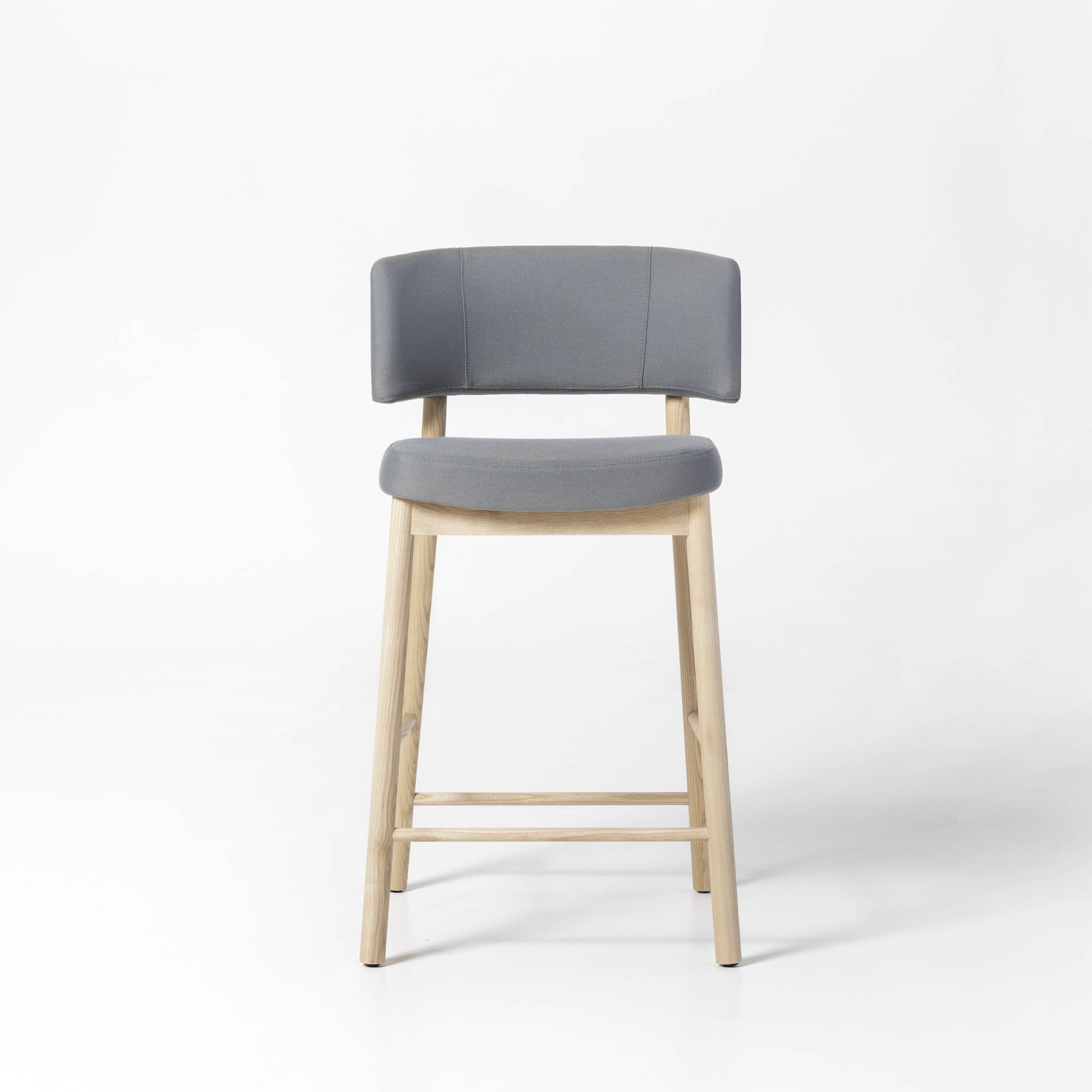 MARLEN Stool front view. beech frame, blue upholstery