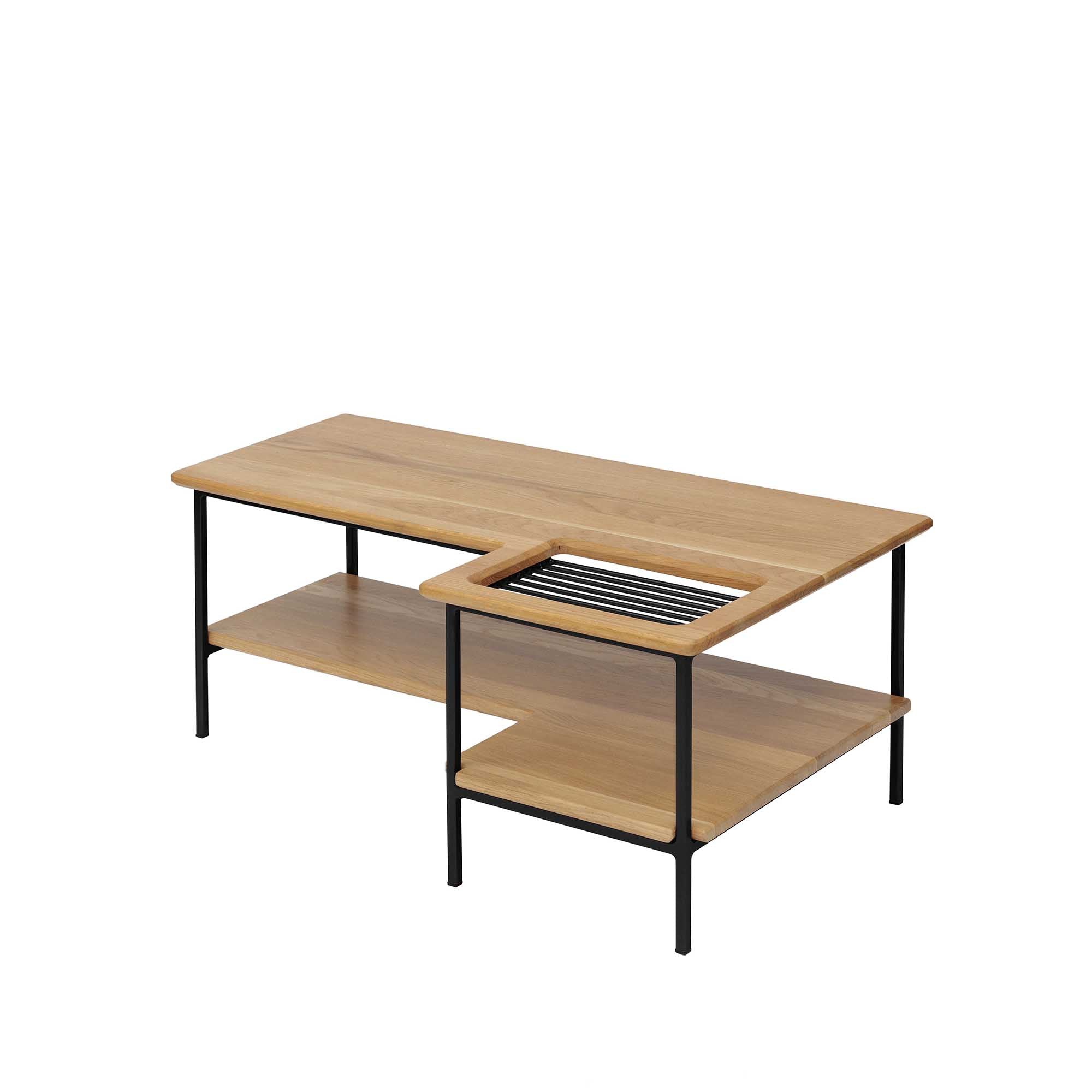 Living Room Table, Oak Wood, Natural Colour black frame half-side