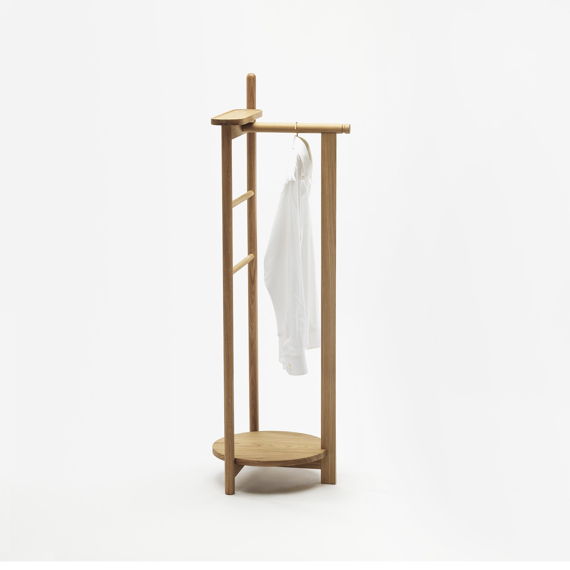 LAUREL Coat Stand Natural Oak right side view with white shirt