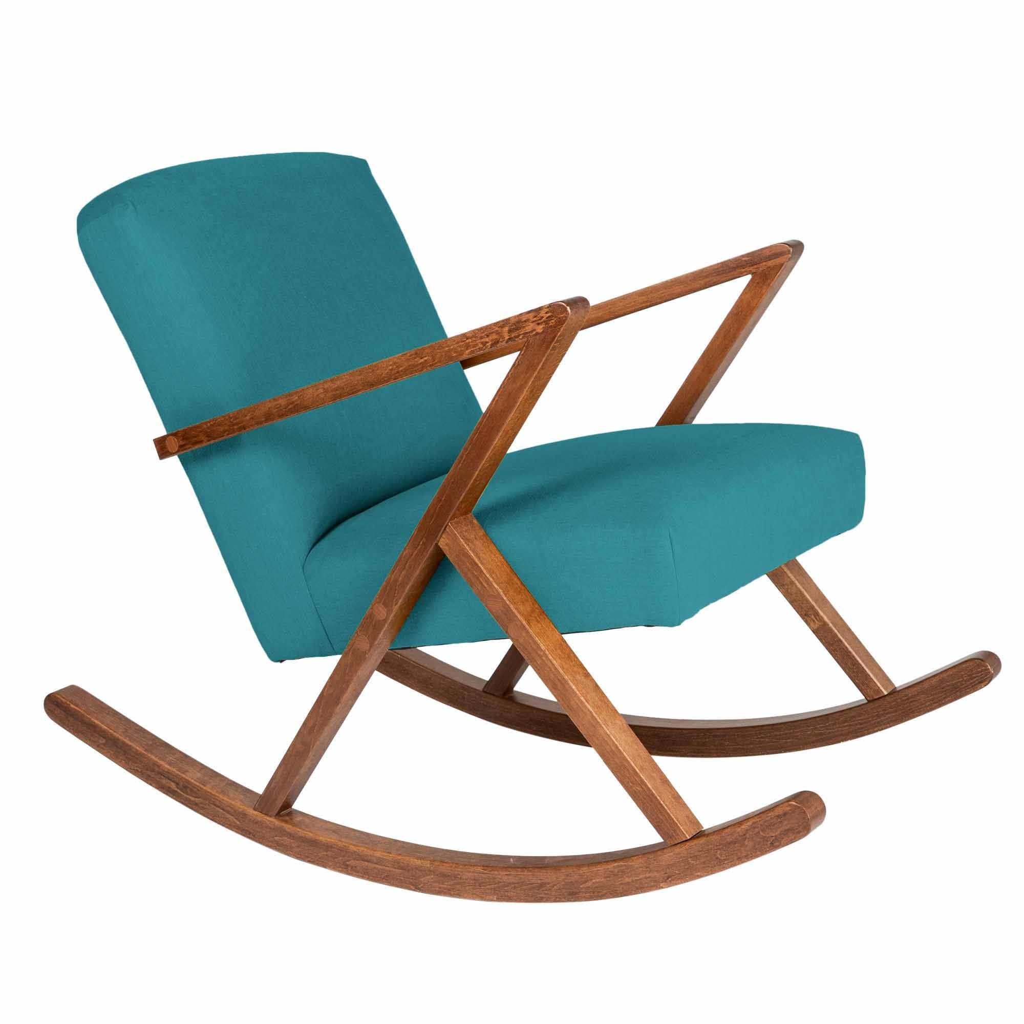Rocking Chair, Beech Wood Frame, Walnut Colour blue fabric right side view