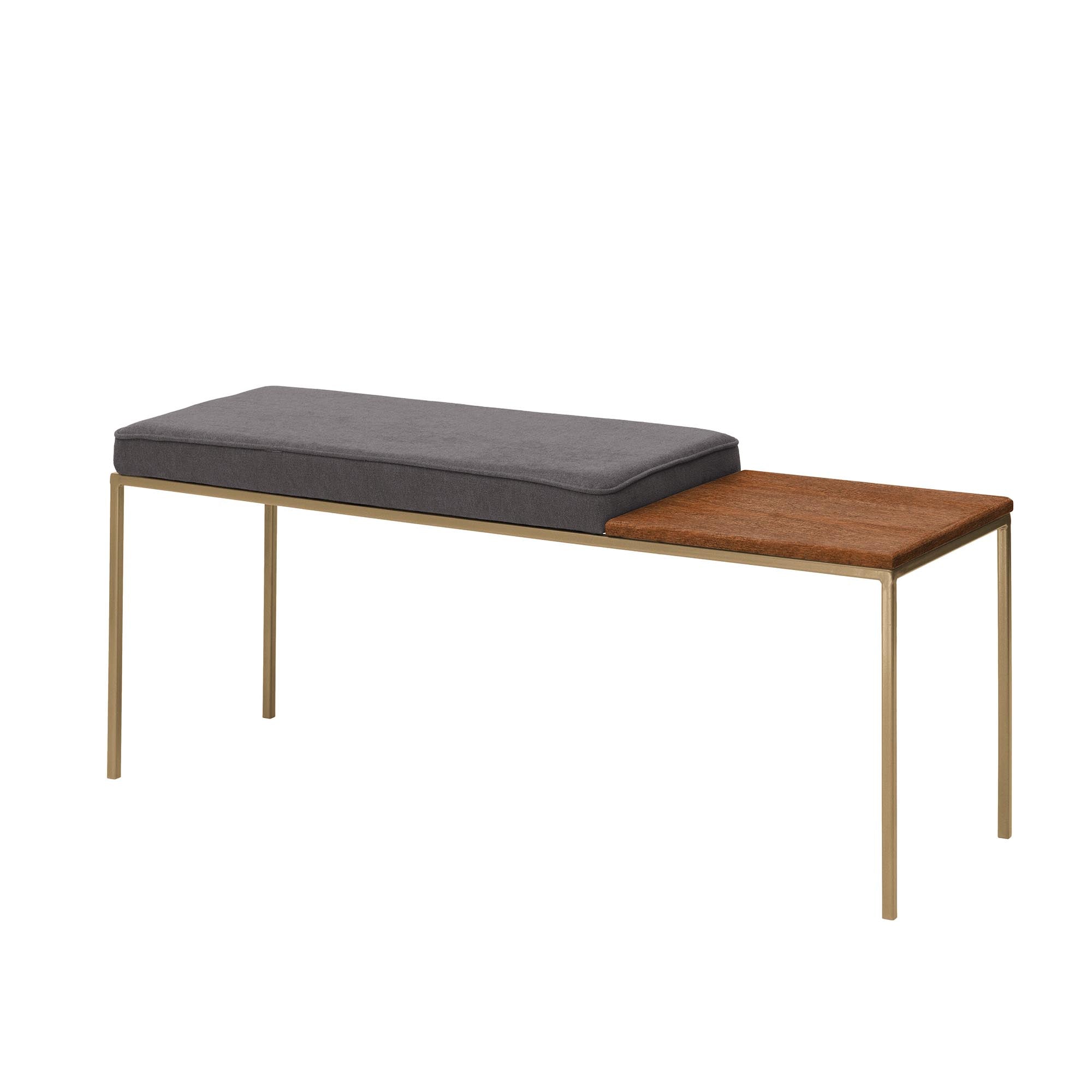 Beech Wood Seat, Walnut Colour grey fabric, yellow frame, half-side view