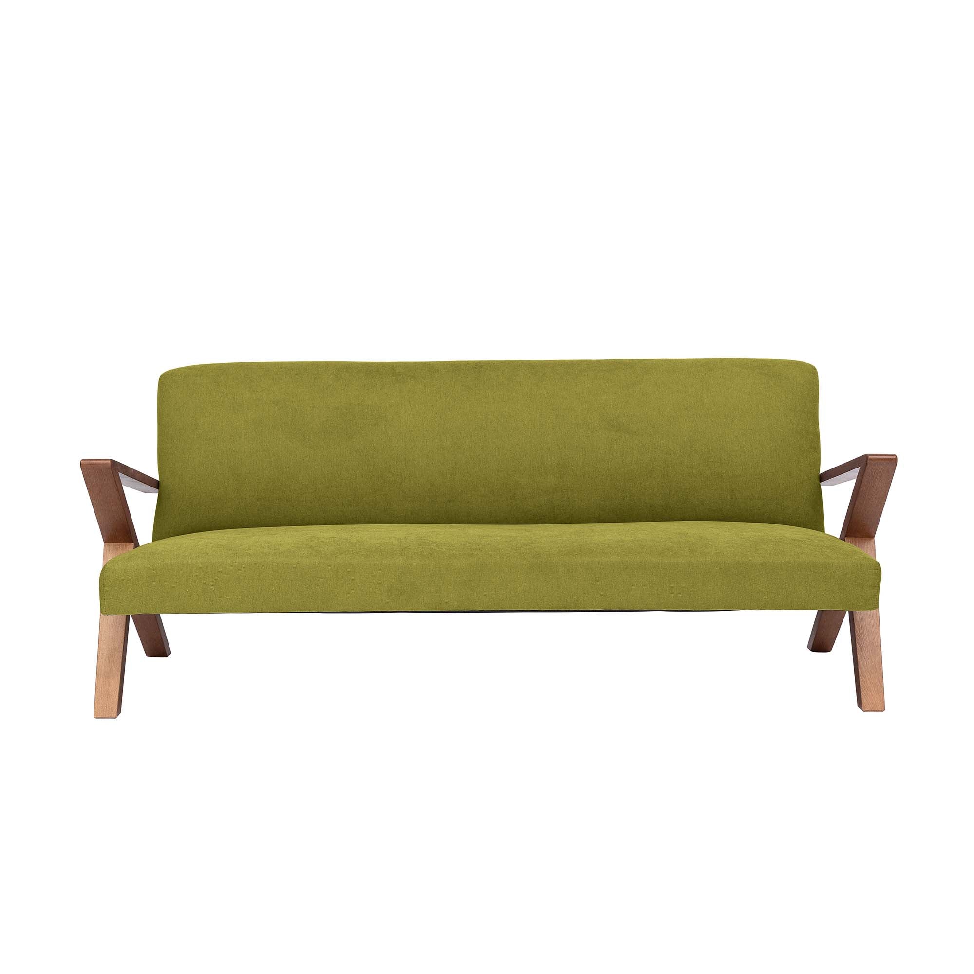 4-seater Sofa Beech Wood Frame, Walnut Colour green fabric, front view