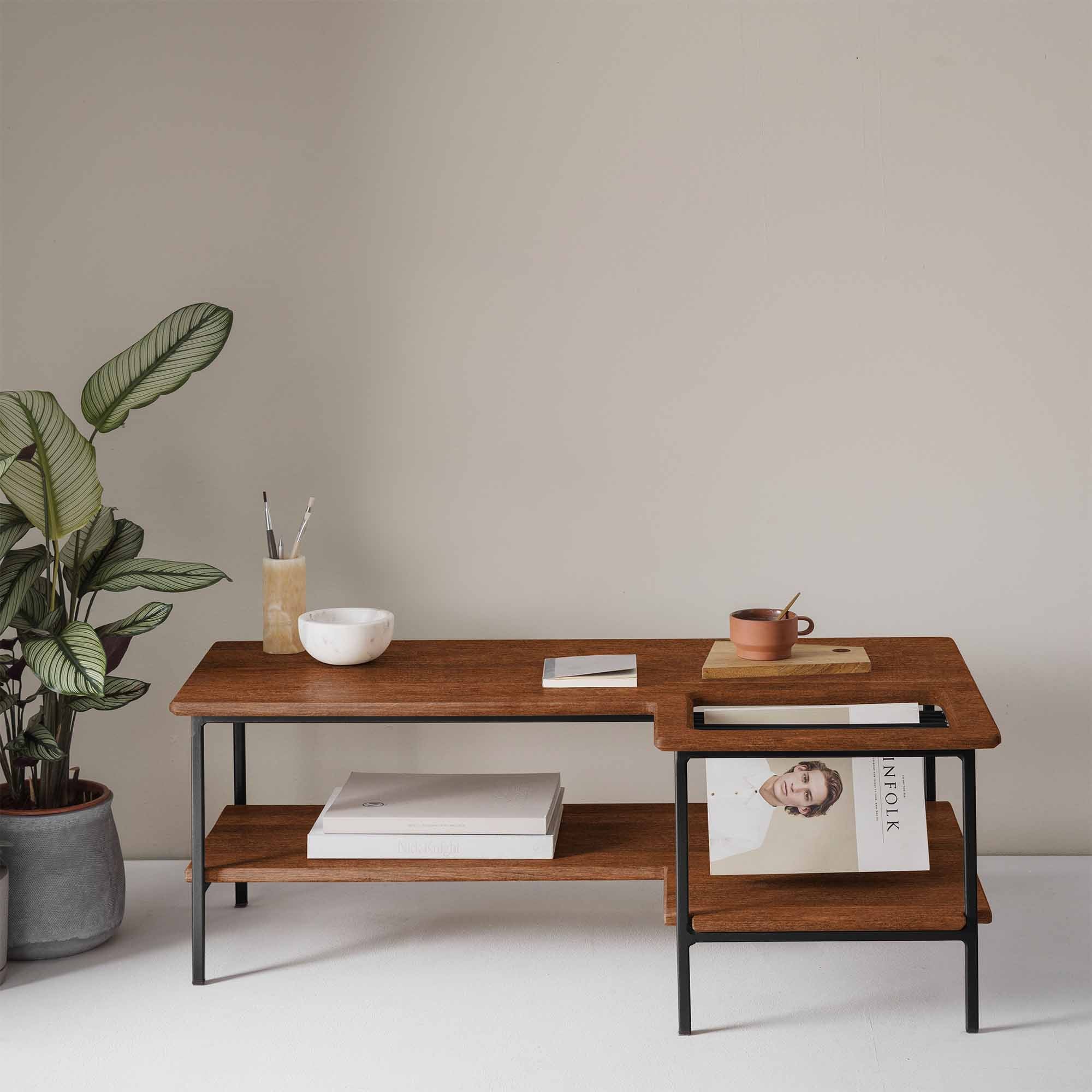 Living Room Table, Beech Wood, Walnut Colour black frame, interior front view