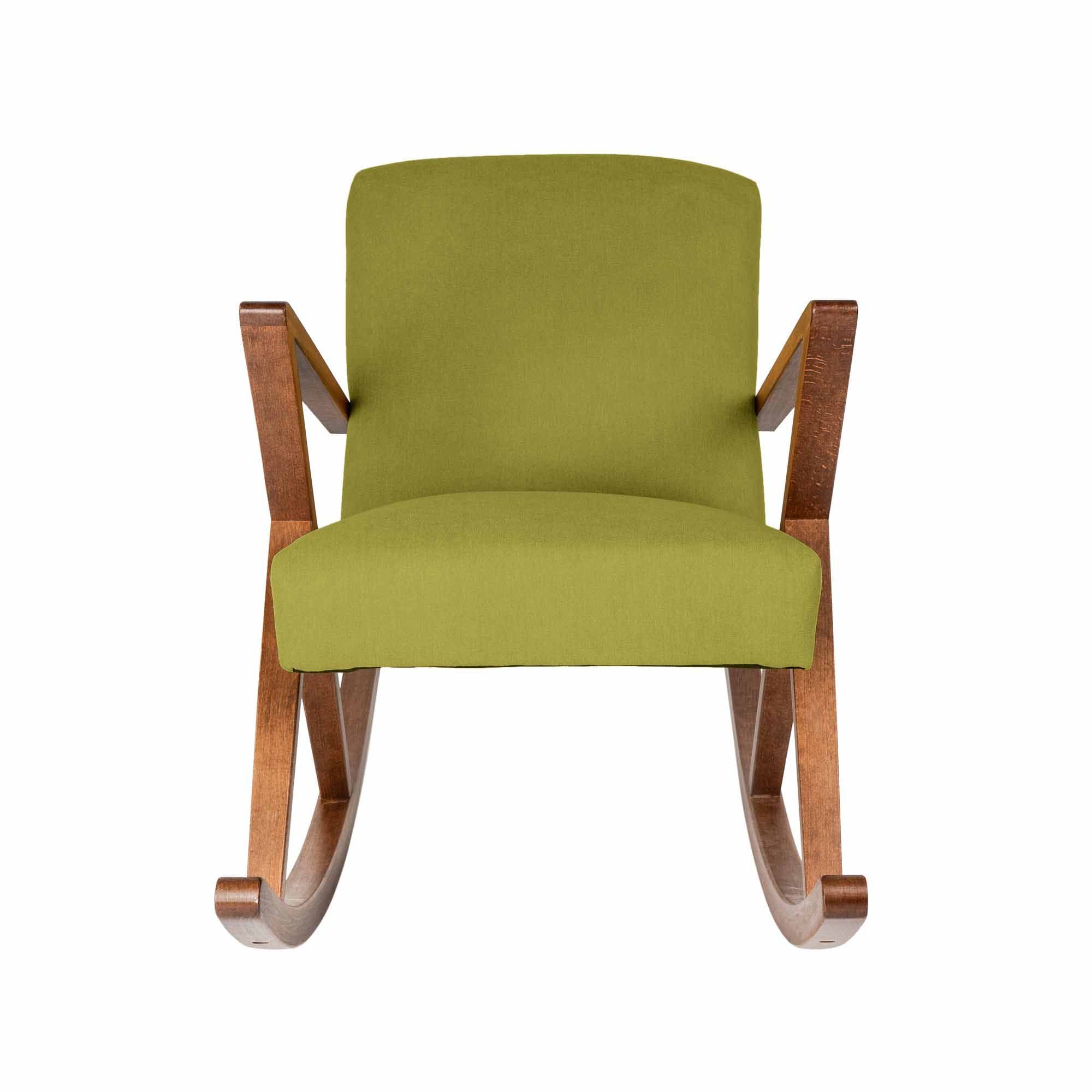 Rocking Chair, Beech Wood Frame, Walnut Colour green fabric, front view