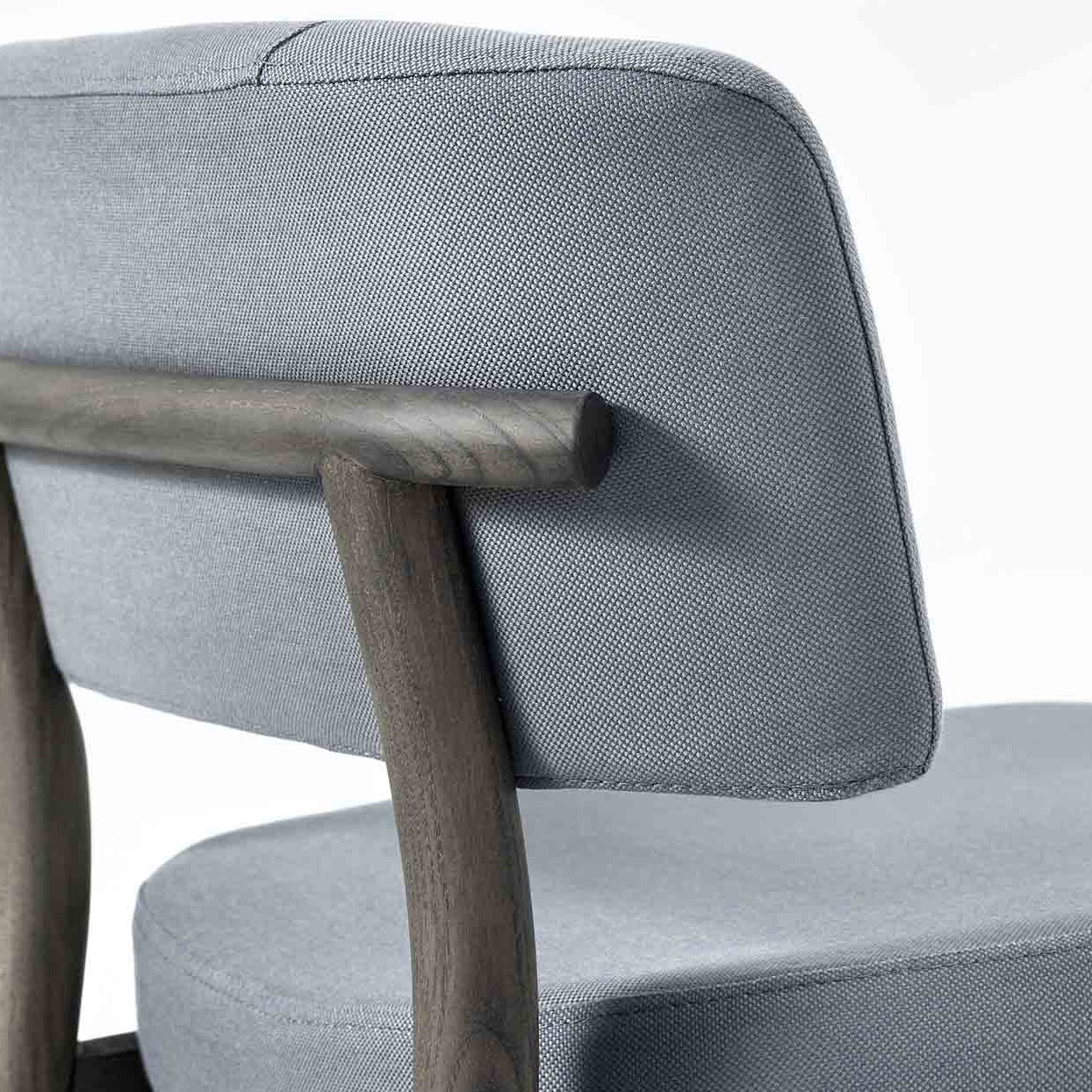 MARLEN Stool mahogany frame, blue upholstery, backside view details