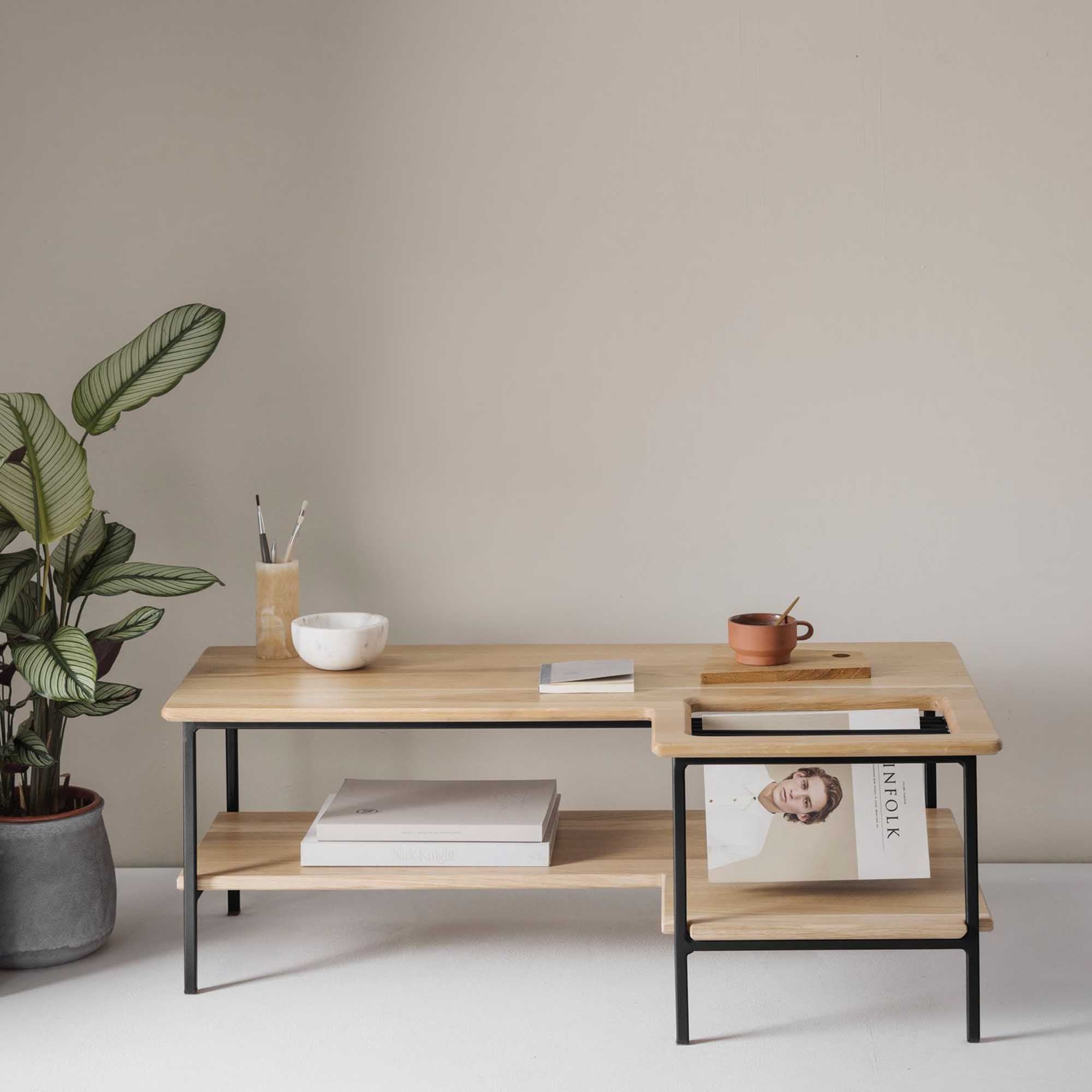 Living Room Table, Oak Wood, Natural Colour black frame interior front view