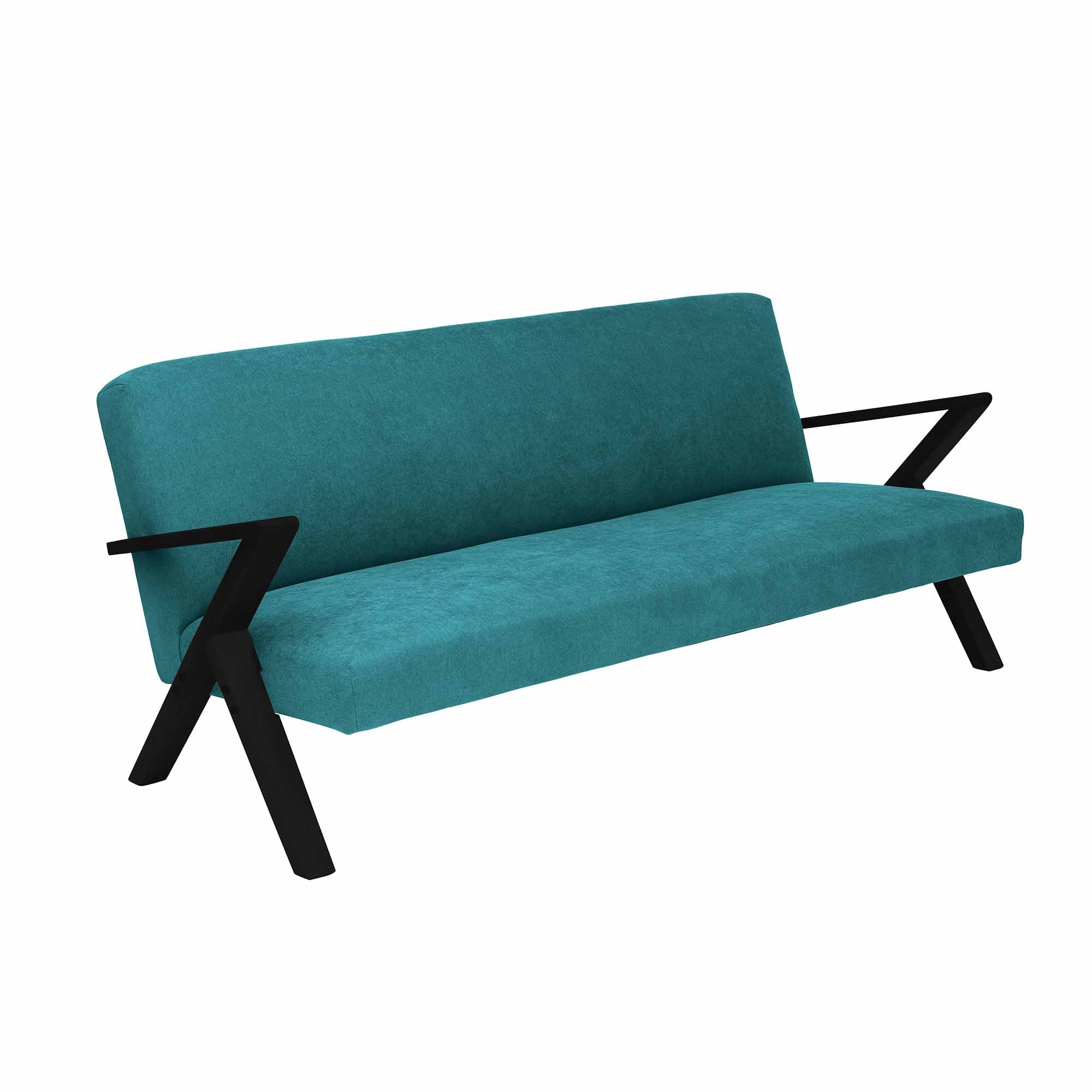 4-seater Sofa Beech Wood Frame, Black Lacquered blue fabric, half-side view