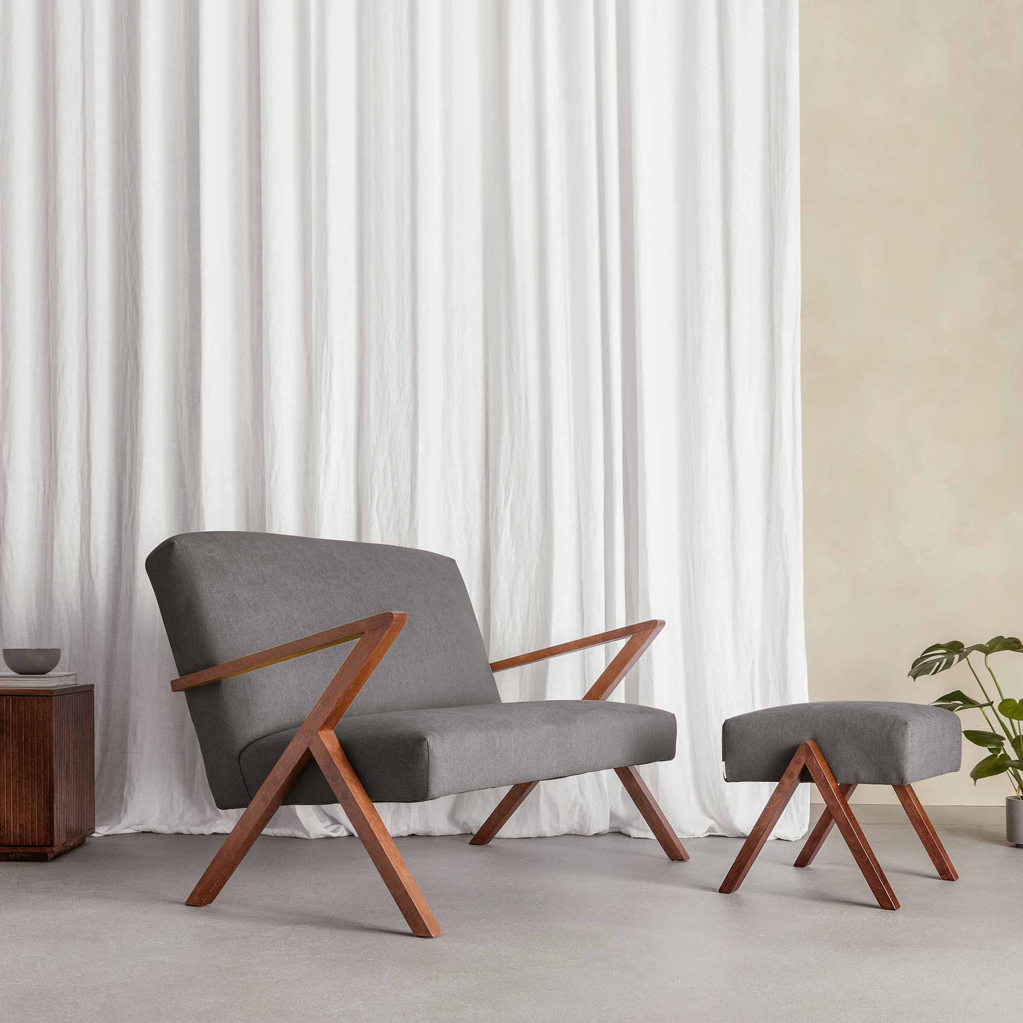 2-Seater Sofa, Beech Wood Frame, Walnut Colour grey fabrick interior view with footstool