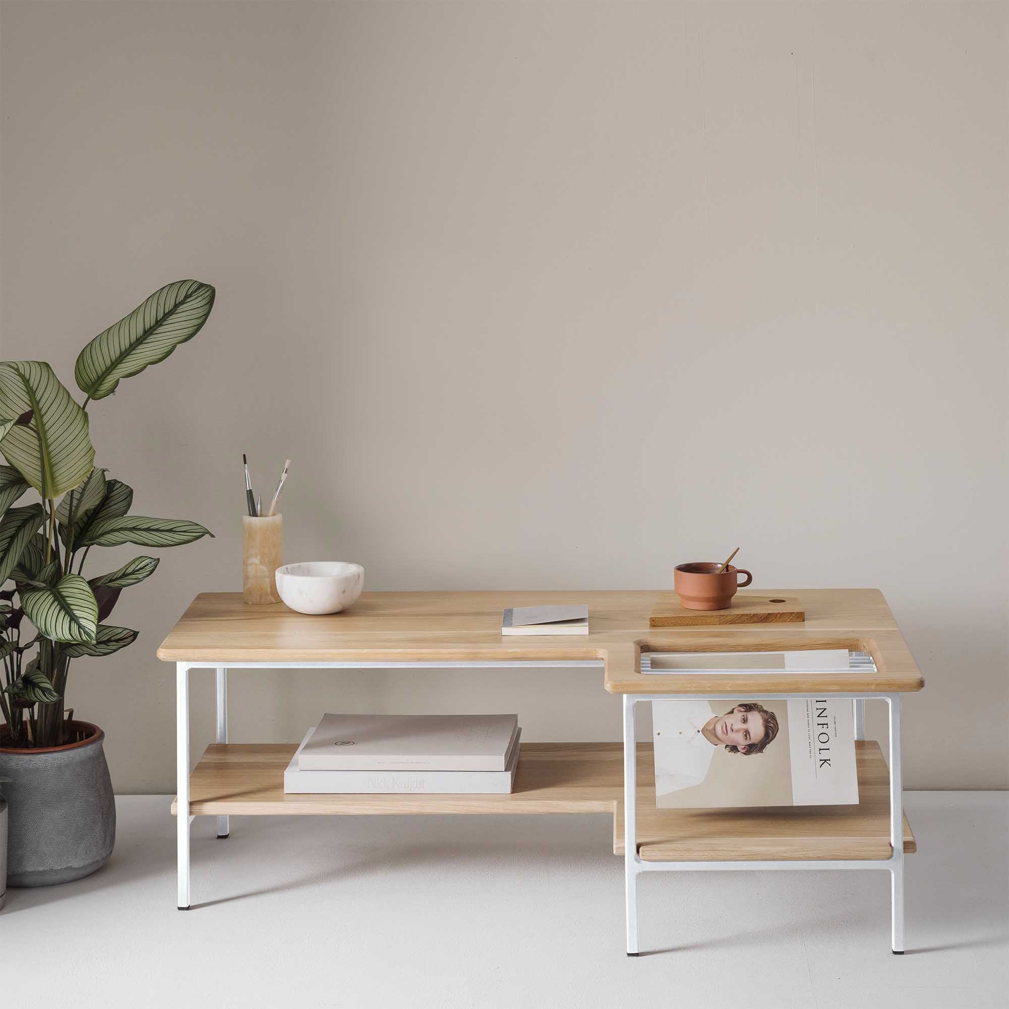 Living Room Table, Oak Wood, Natural Colour white frame, front interior view