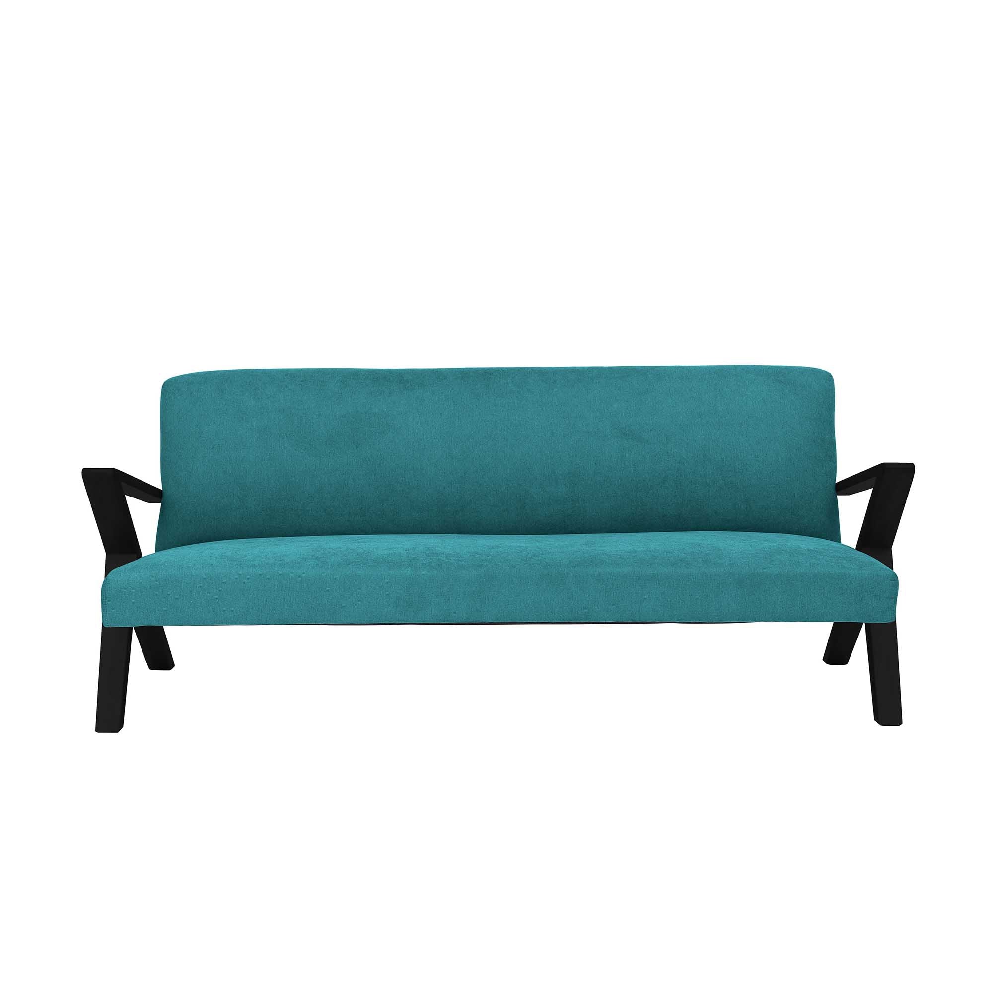 4-seater Sofa Beech Wood Frame, Black Lacquered blue fabric, front view