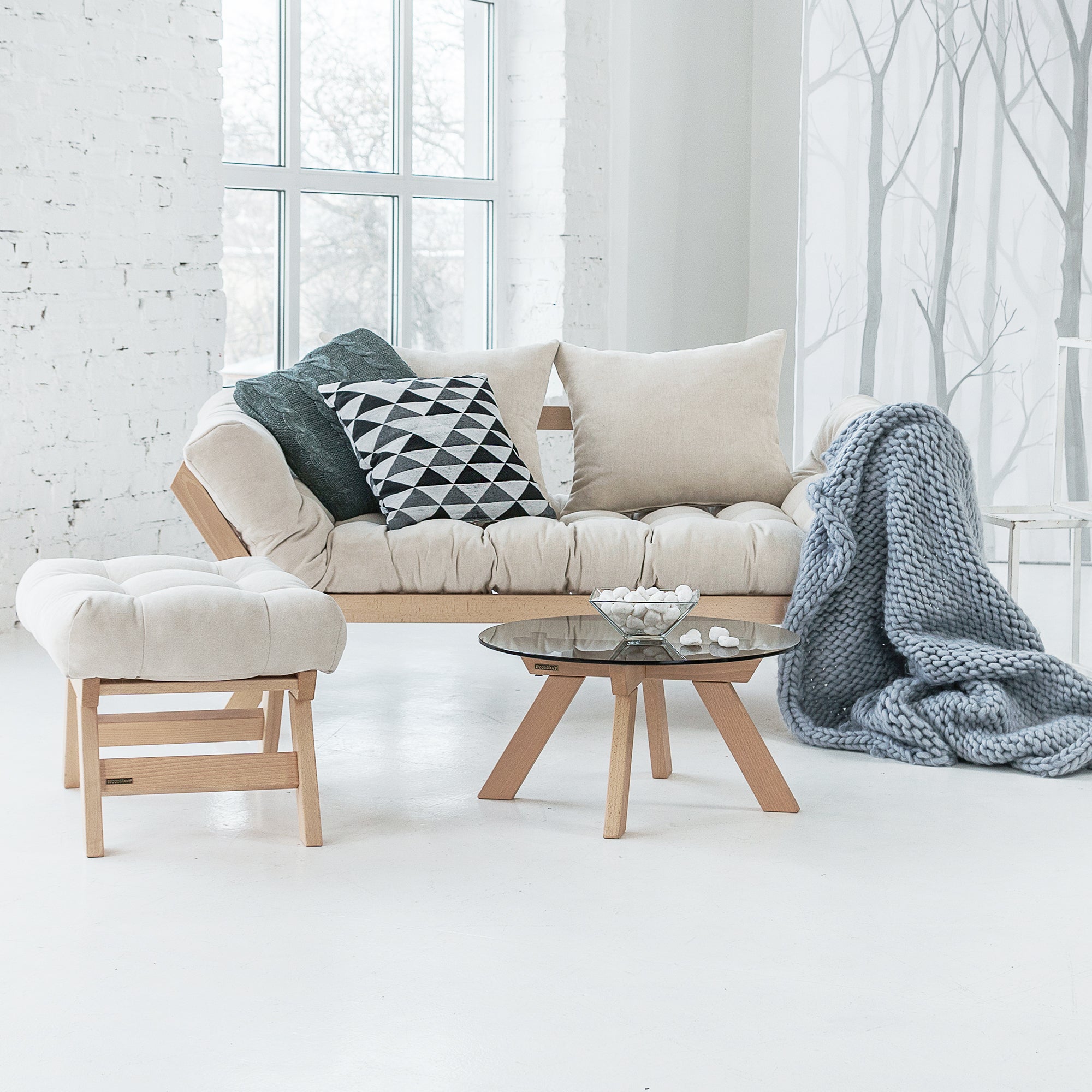 ALLEGRO Folding Sofa Bed, Beech Wood Frame, Natural Colour upholstery colour creamy-interior view