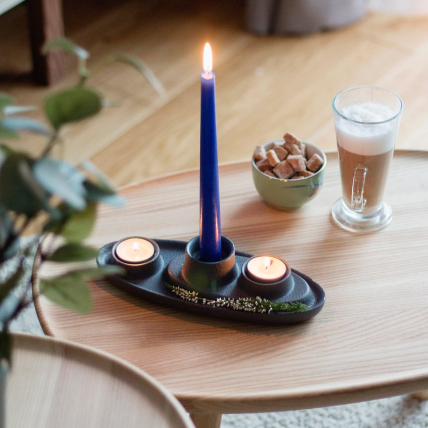 AYE Candle Holder 3 Funnel-navy with candles-interior view