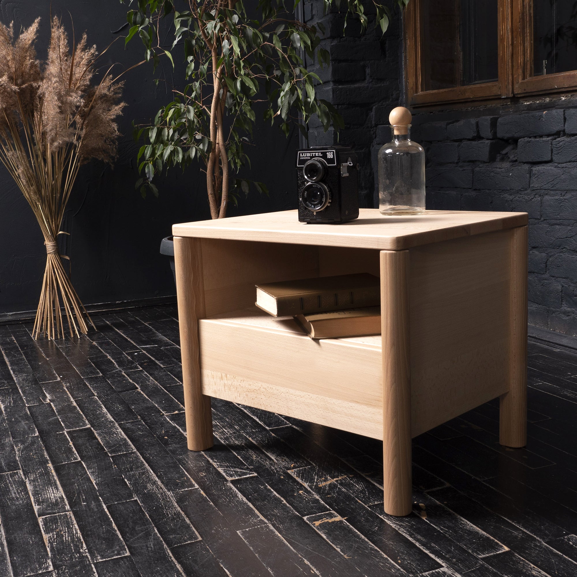 DROP Bedside Table, Beech Wood without doors natural colour-interior view with camera