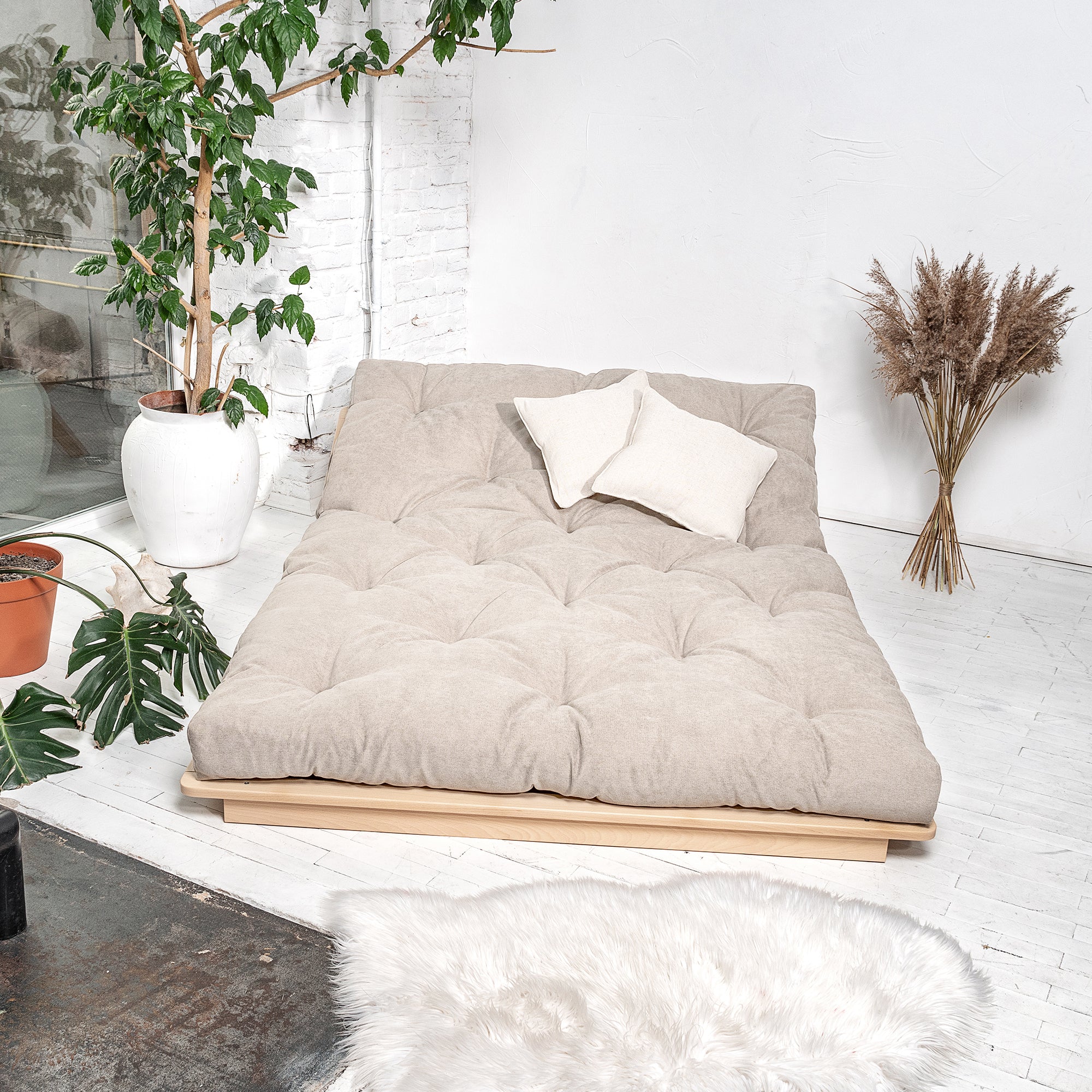 LAYTI-140 Futon Chair, Beech Wood, Natural Colour-beige fabric-interior folded view