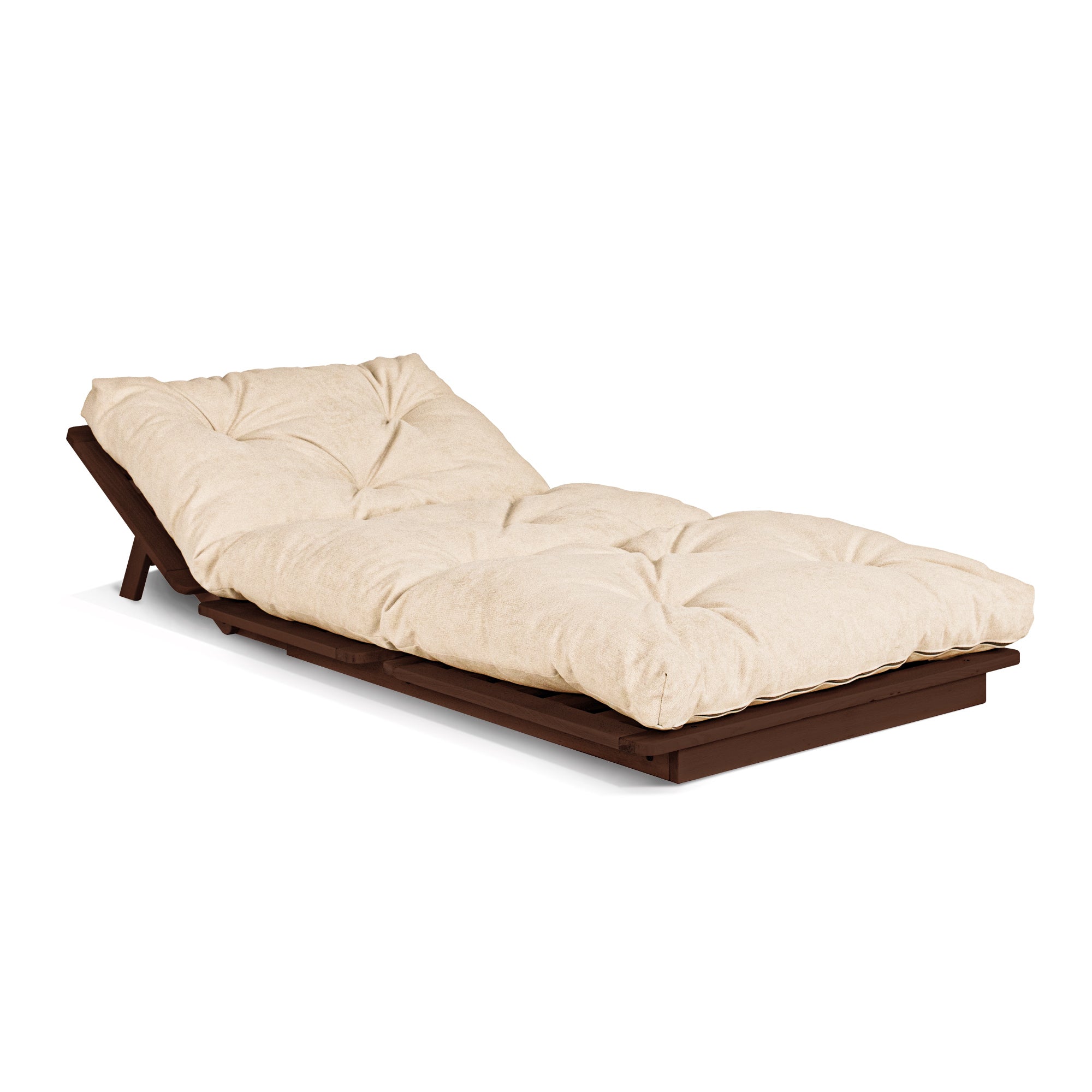 LAYTI-90 Futon Chair-walnut frame-creamy fabric-folded view