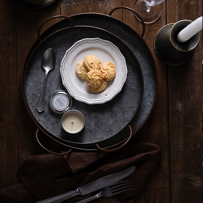 Assiette décorative en fer ronde rétro avec poignées, style européen