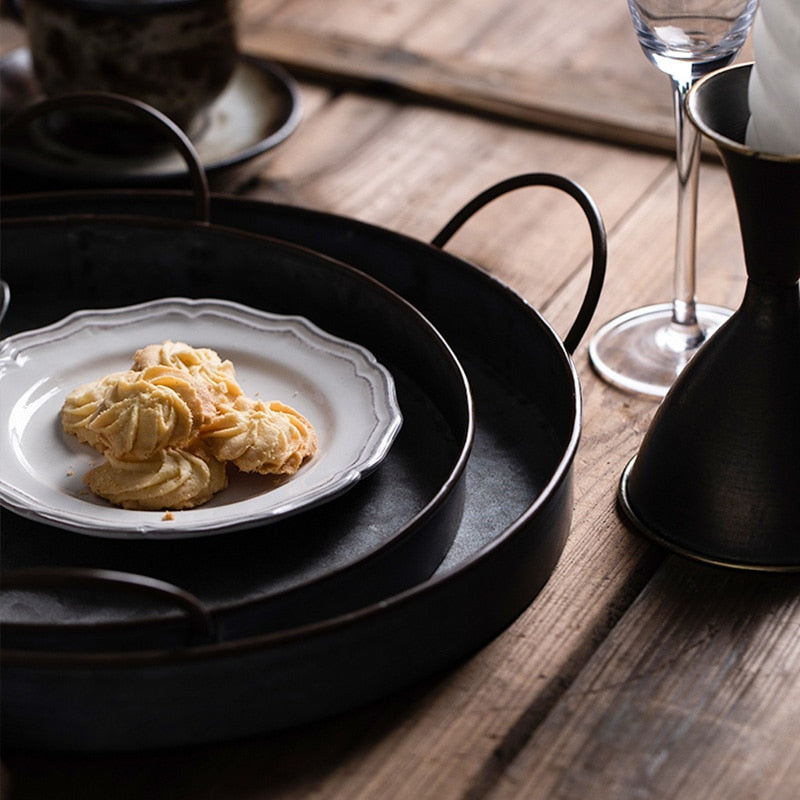 Assiette décorative en fer ronde rétro avec poignées, style européen
