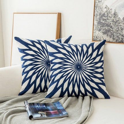 EMBROIDERED Housse de Coussin Bleu Marine Blanc