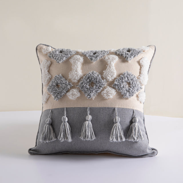 DURABLE GREY Housse de coussin en coton et lin avec pompons