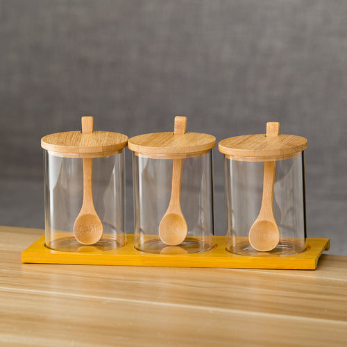 Pots en verre nordiques avec couvercles en bois