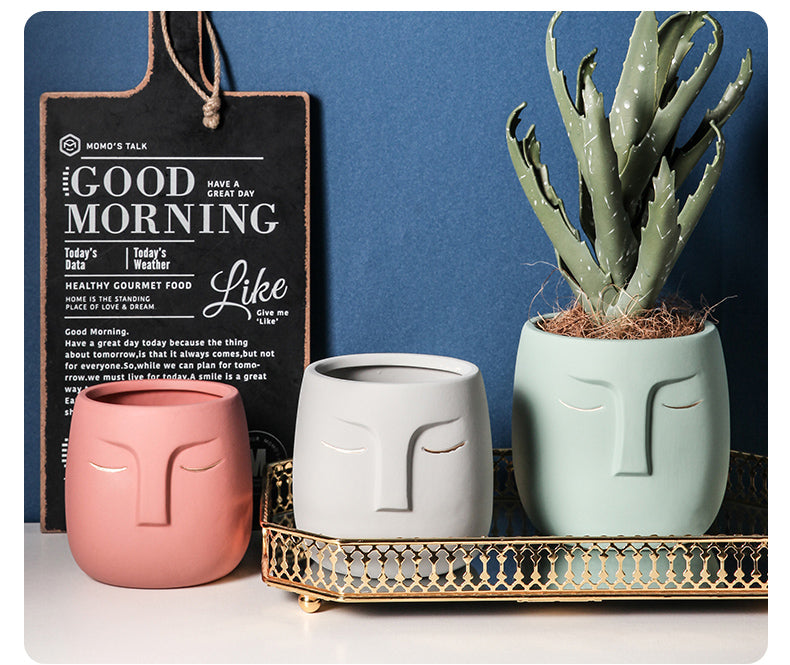 Pot de fleurs en céramique avec tête de visage
