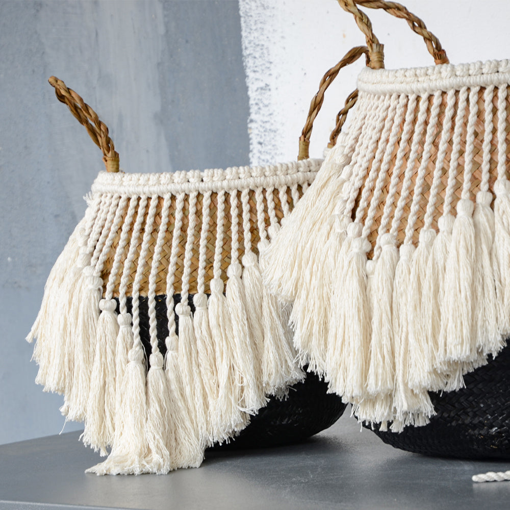 Panier en osier Macrame à pompons fait main