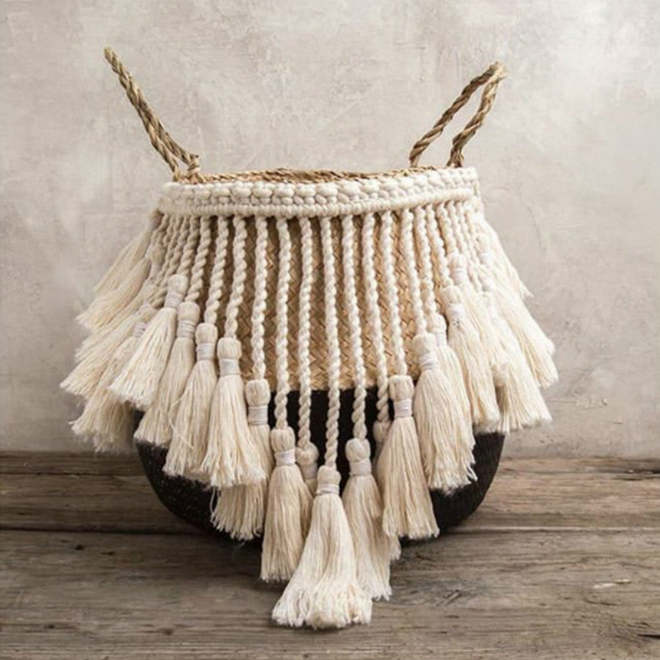 Panier en osier Macrame à pompons fait main