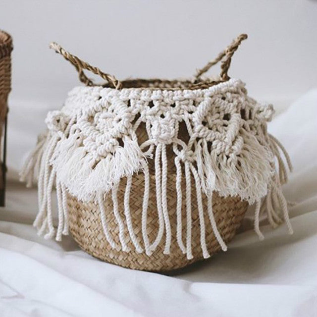Panier en osier Macrame à pompons fait main
