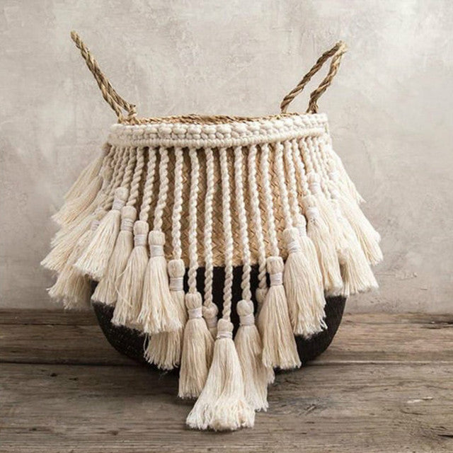 Panier en osier Macrame à pompons fait main