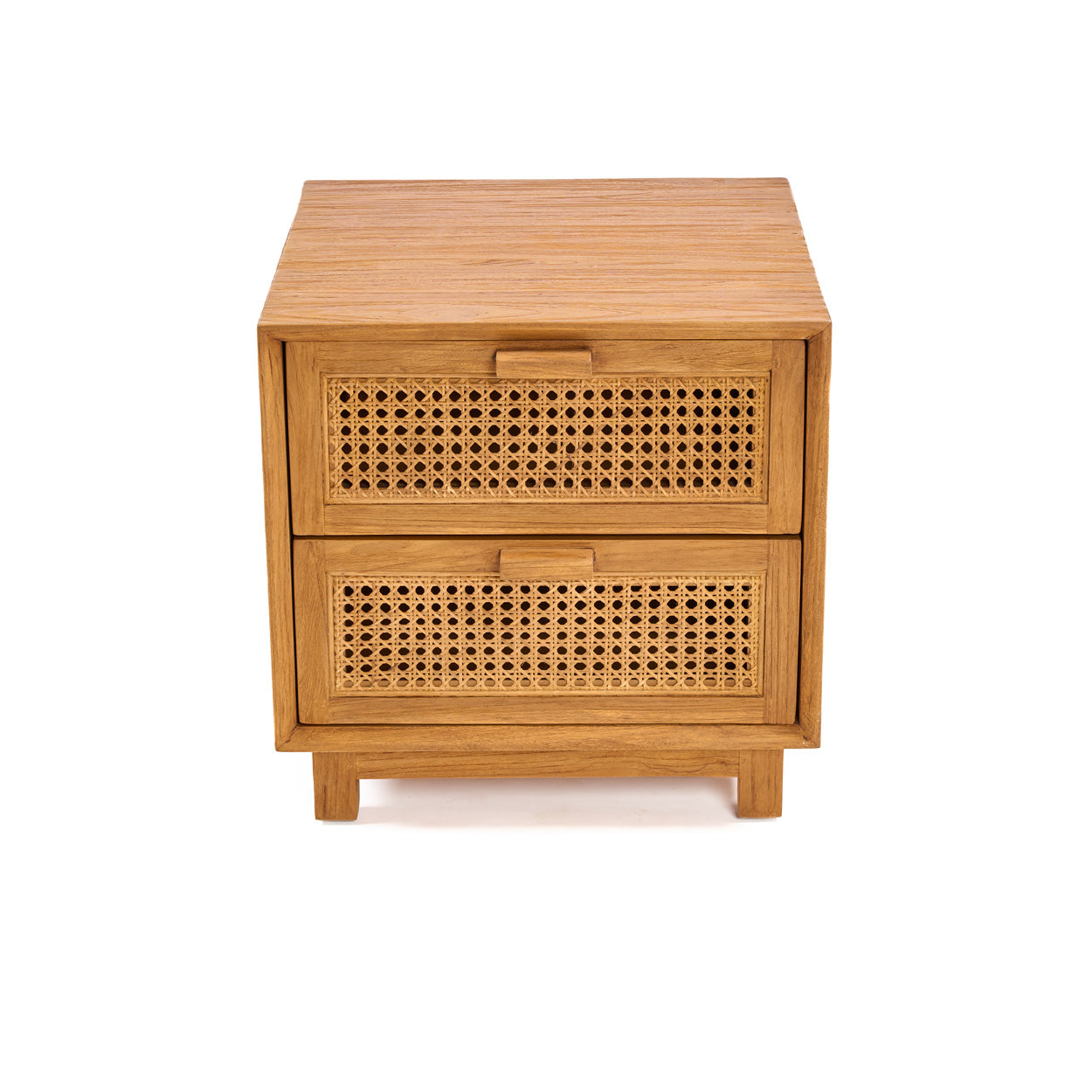 Wooden nightstand with rattan drawers on a white background