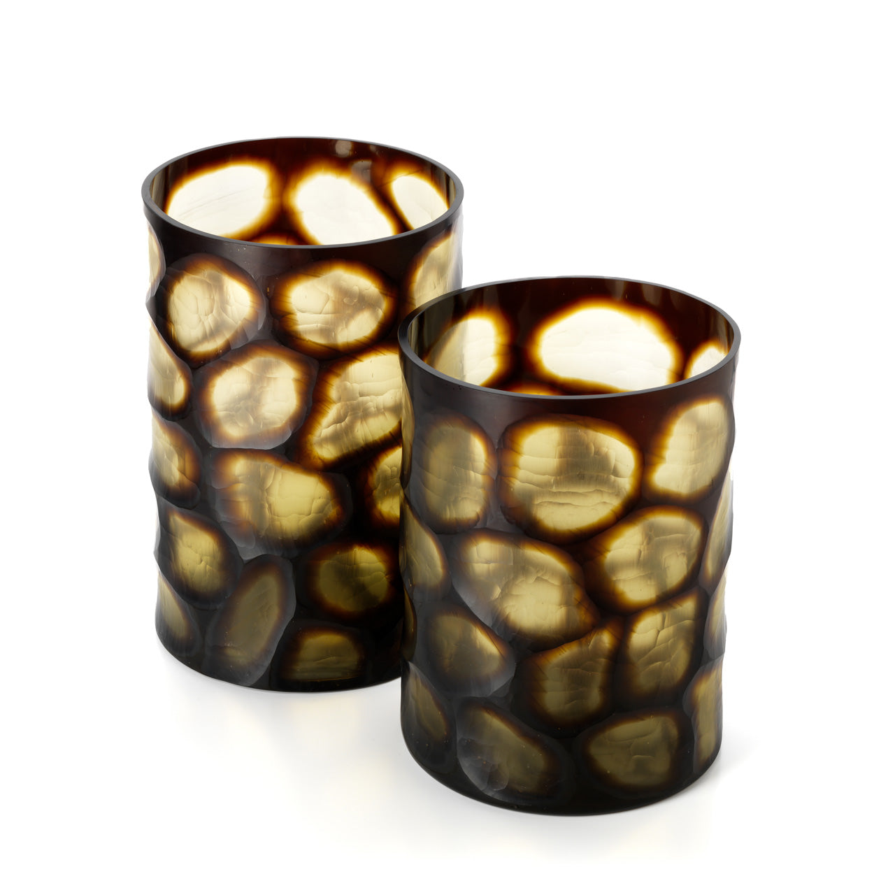 Two decorative vases with a textured, honeycomb-like design on a white background
