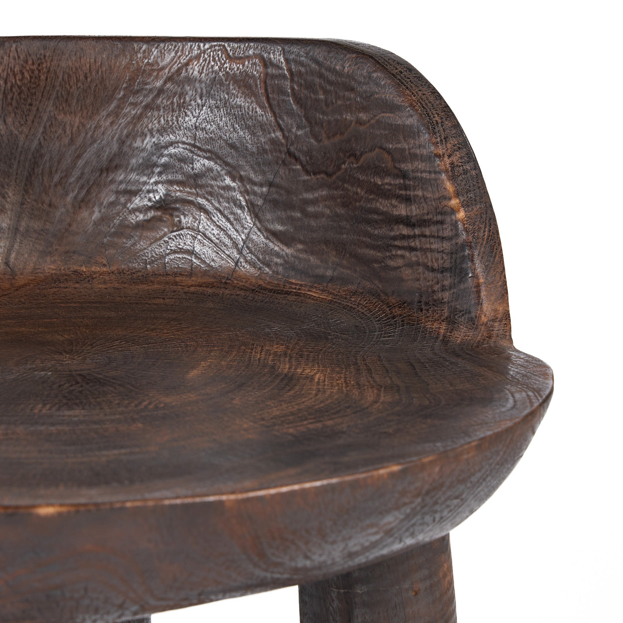 Close-up of a wooden chair with a dark walnut finish on a white background